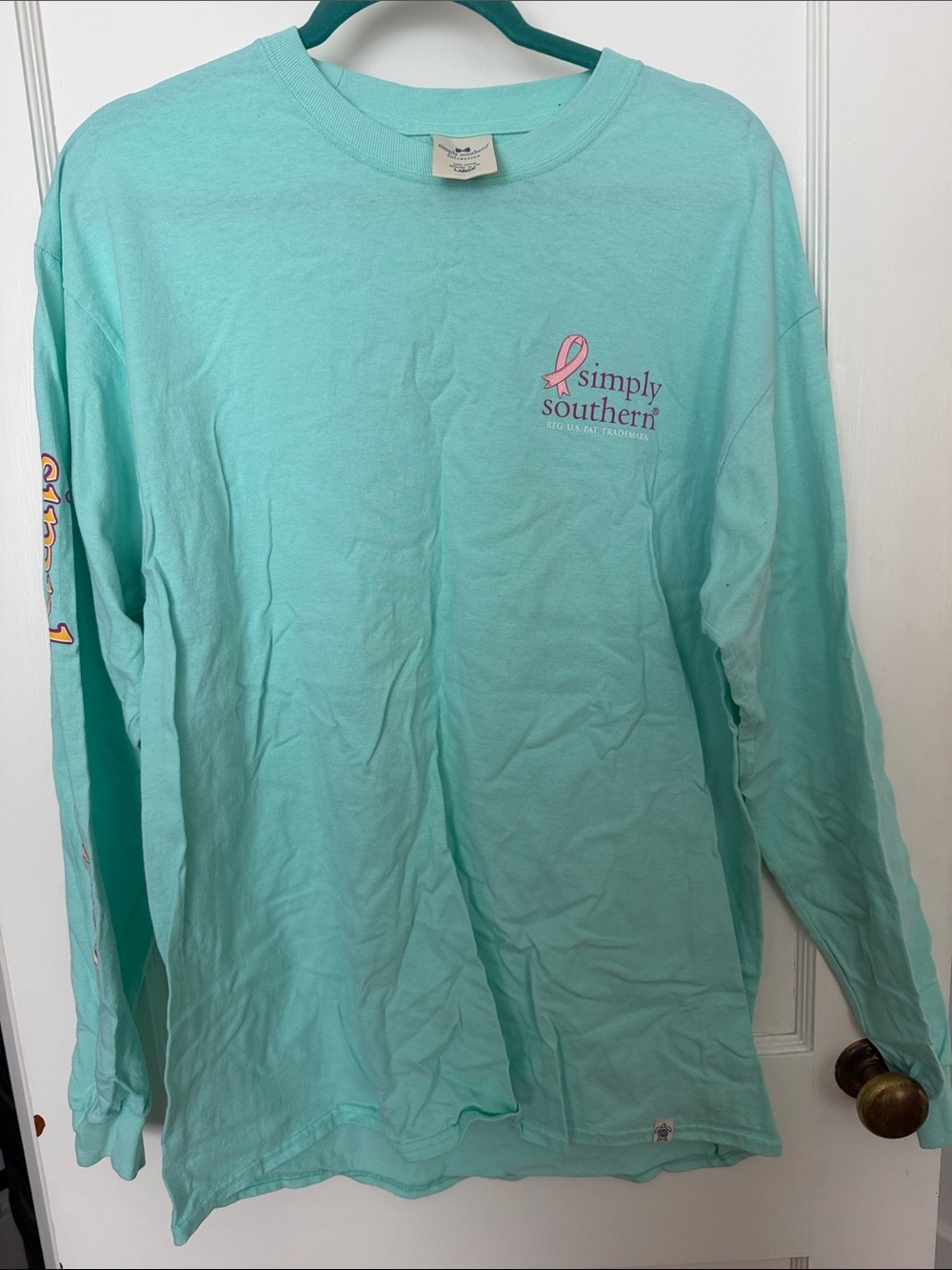 Simply Southern Seafoam Long Sleeve Shirt with Pink Ribbon Logo